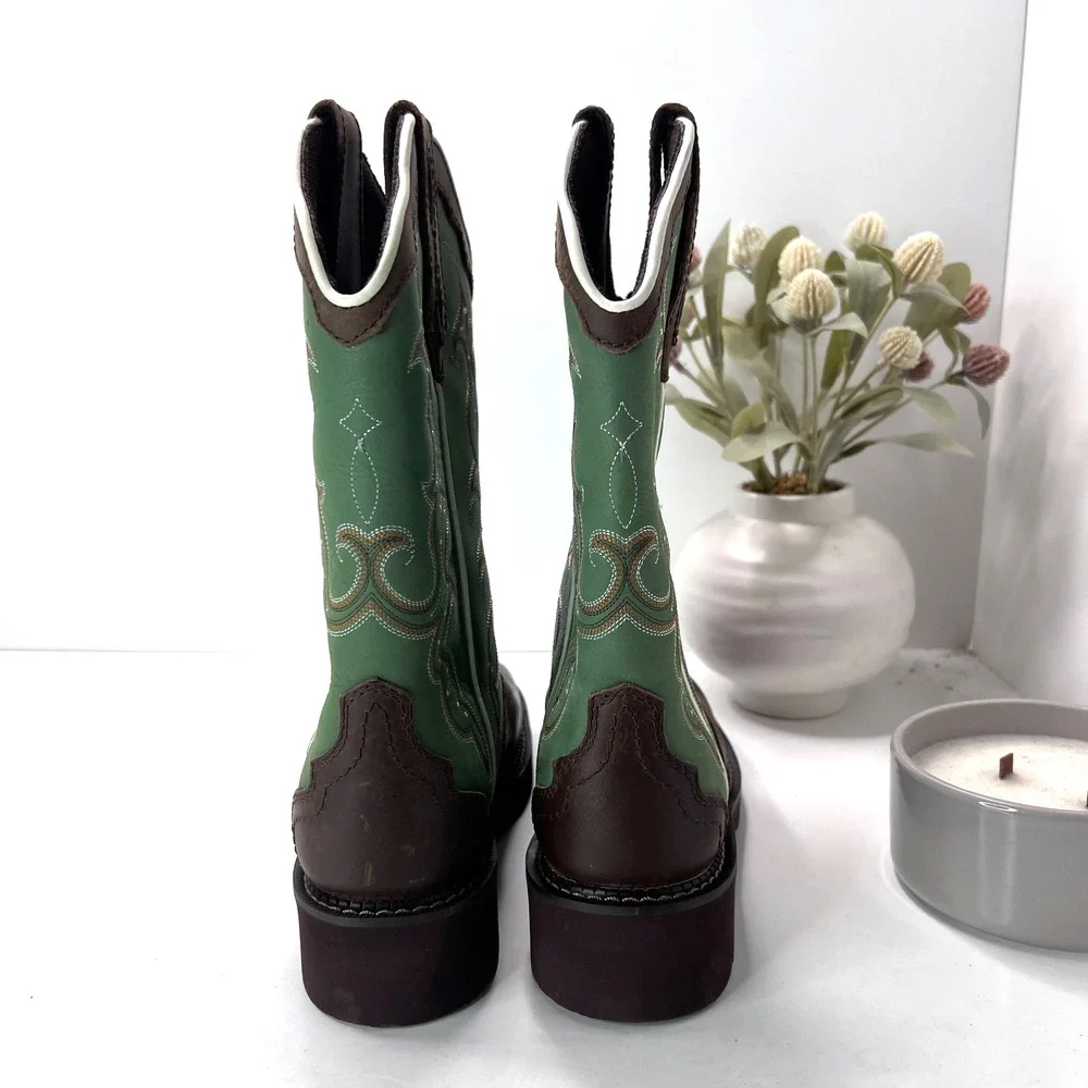 Justin Raya Western Distressed Square Toe Cowgirl Boot Brown Green Women 7B NWD